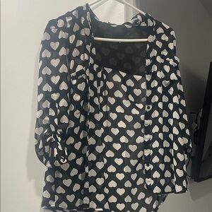 Express Sheer Black Blouse with White Heart Pattern. Valentines